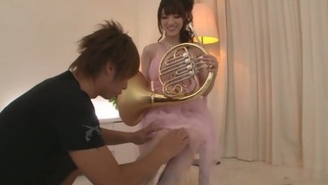 While playing French horn Kanako Iioka gets her wet pussy teased