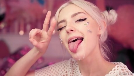 Russian beauty Eva Elfie rides a dick and does blowjob. She gets a cumshot on her pretty face.