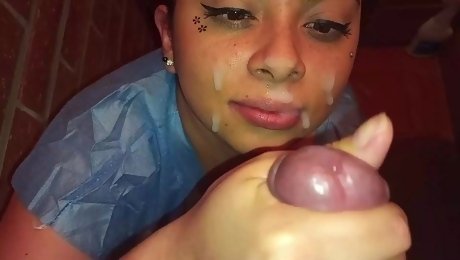 Latina girl being enthusiastic about blowjob and gets facial pov