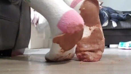 chocolate socks - stepping on and squashing chocolate with my white socks